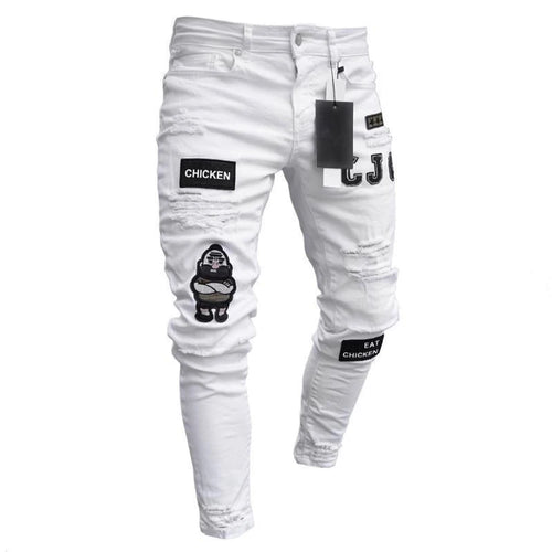 White Embroidery Skinny Ripped Jeans Men Cotton Stretchy Hole Slim Fit