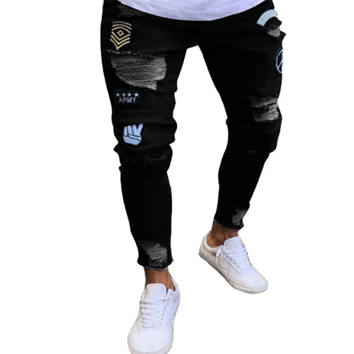 White Embroidery Skinny Ripped Jeans Men Cotton Stretchy Hole Slim Fit