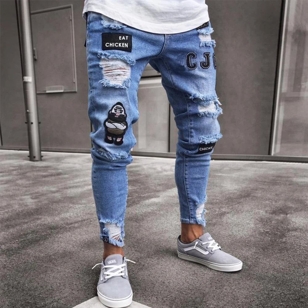 White Embroidery Skinny Ripped Jeans Men Cotton Stretchy Hole Slim Fit