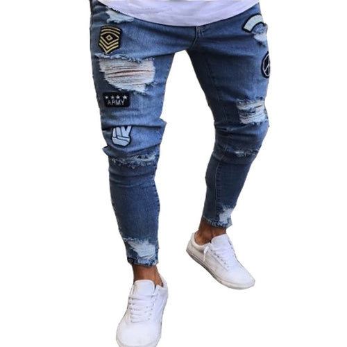 White Embroidery Skinny Ripped Jeans Men Cotton Stretchy Hole Slim Fit