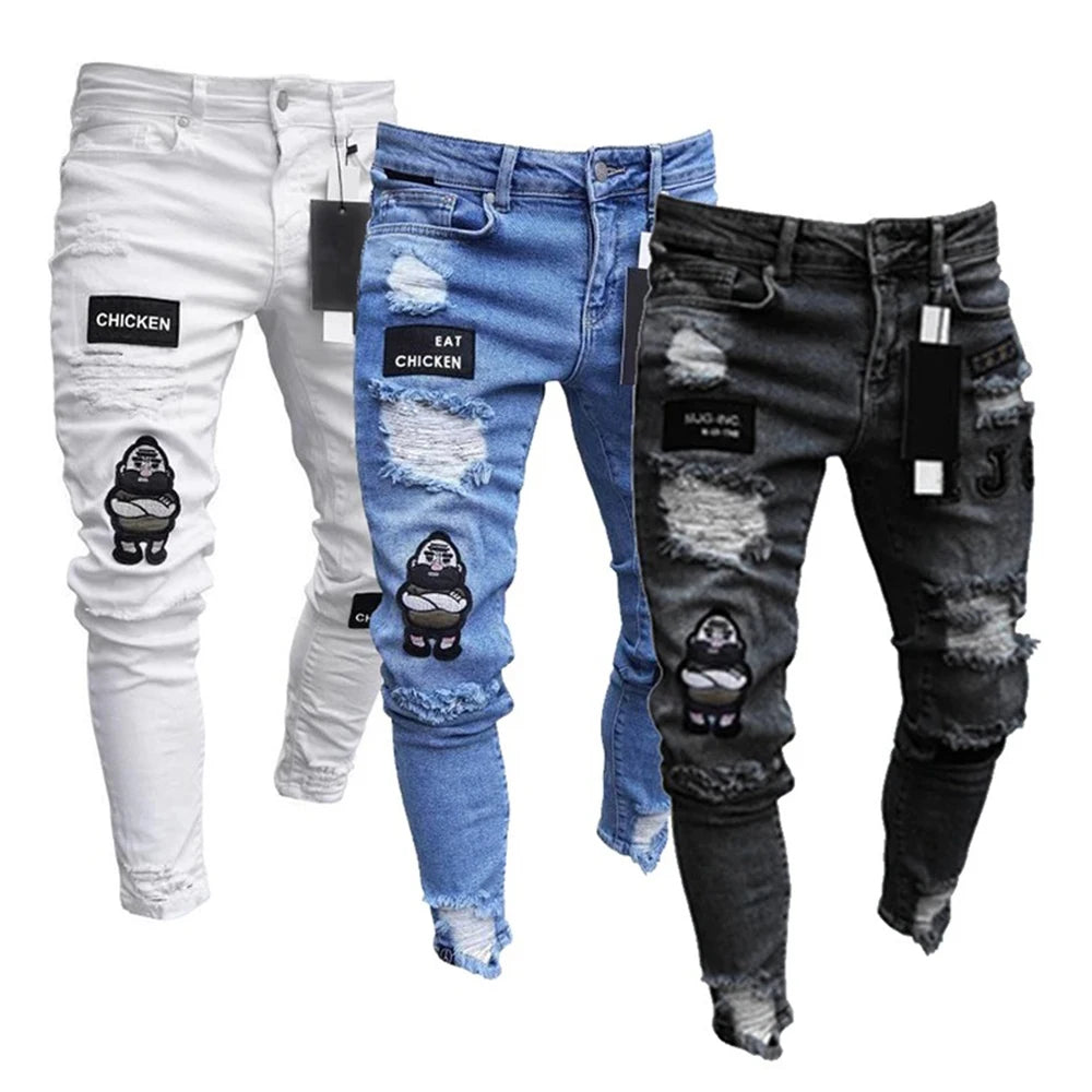 White Embroidery Skinny Ripped Jeans Men Cotton Stretchy Hole Slim Fit