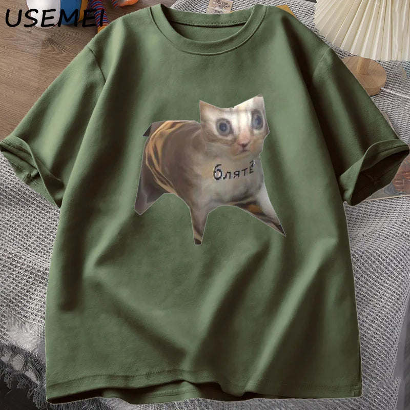 Russian Cat Meme T-krekli Funny Graphic Print Cat T krekls Sievietes Vīrieši 