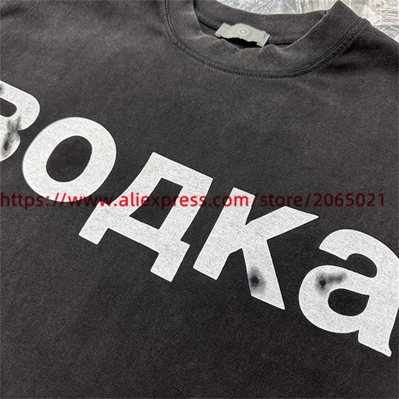 Washed Vodka Russian Printing T Shirt Men Women T-shirt Top Tees