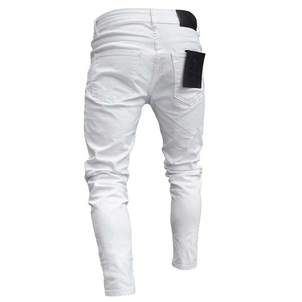 White Embroidery Skinny Ripped Jeans Men Cotton Stretchy Hole Slim Fit