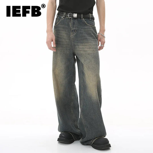 IEFB Men's Vintage Jeans Fashion Washed Street Casual Wide Leg Denim