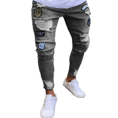 White Embroidery Skinny Ripped Jeans Men Cotton Stretchy Hole Slim Fit